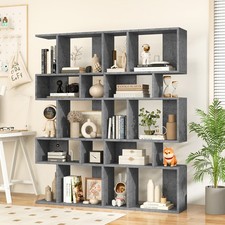 2 PCS 5 Cubes Ladder Shelf Freestanding Bookshelf Display Rack Bookcase Grey