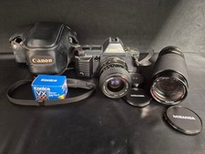 Canon T70 35mm SLR Film Camera with Miranda Lenses, SD Card, Battery and Case