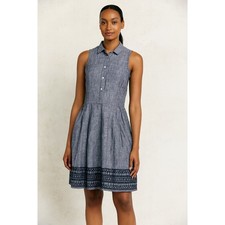 Tahari Sleeveless Linen Dress Women's Blue Embroidered Trim Casual