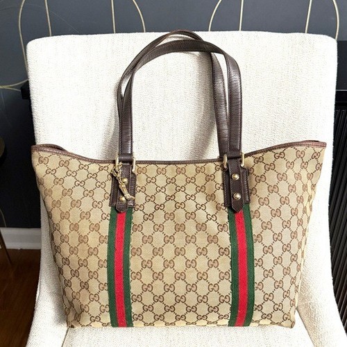 Gucci authentic Sherry Line open tote bag monogram brown canvas ribbon accents