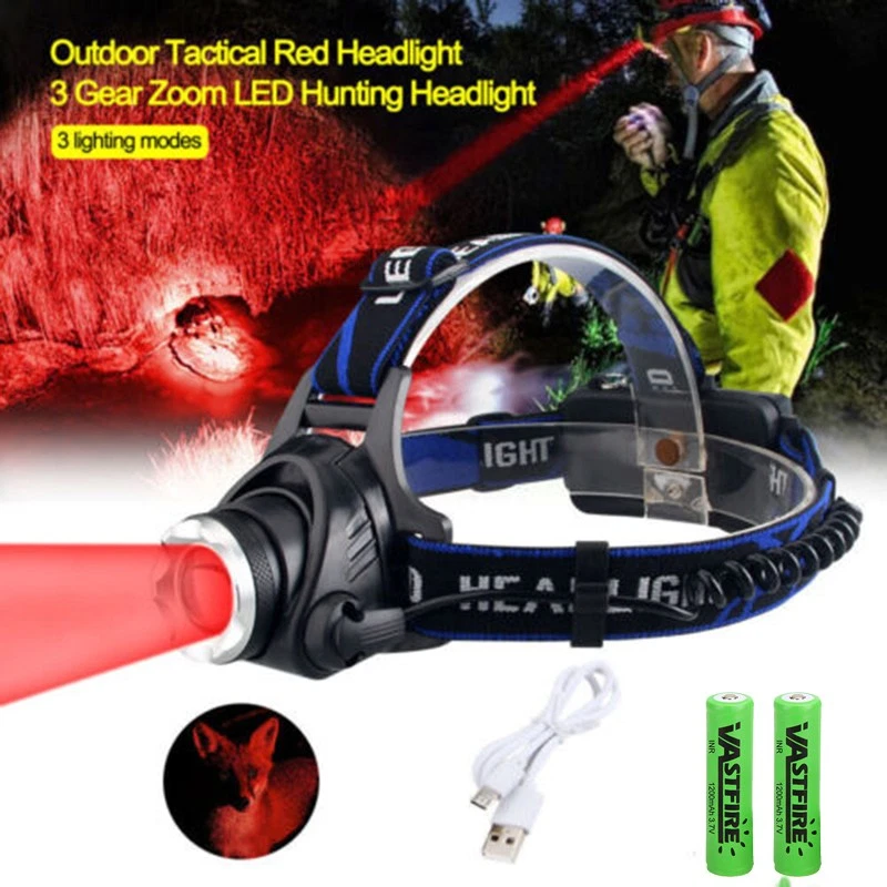 VASTFIRE Zoomable LED Head Torch Red Light Headlamp Rechargeable Predator Hunting Lamp UK