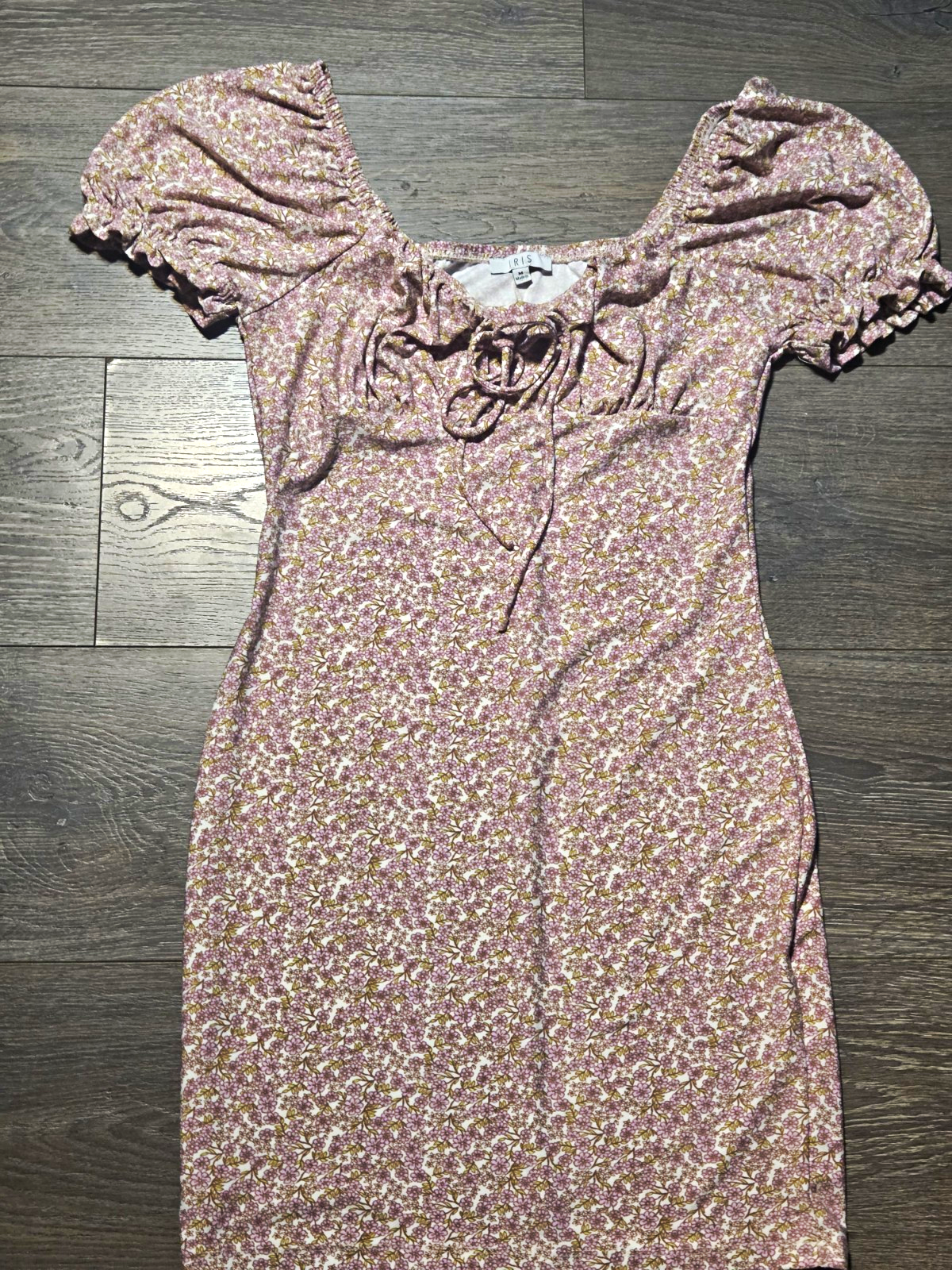 IRIS Pink Floral Bodycon Square Neck Puff Sleeve Ruffle/Bow Knee Dress M