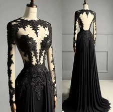 Black Round Neck Tulle Sheer Feeling Wedding Dress Beaded Applique Long Sleeve