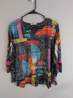 Jess & Jane Top Women's Petite Medium Black Long Sleeve Stretch Casual Boho