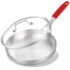 DELARLO 10inch Tri-Ply Stainless Steel Pan with lid, Induction Stainless Stee...