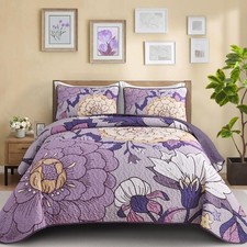 Floral Quilt Set King Size Purple Boho Bedspread Coverlet Set, 3 Piece Microf...