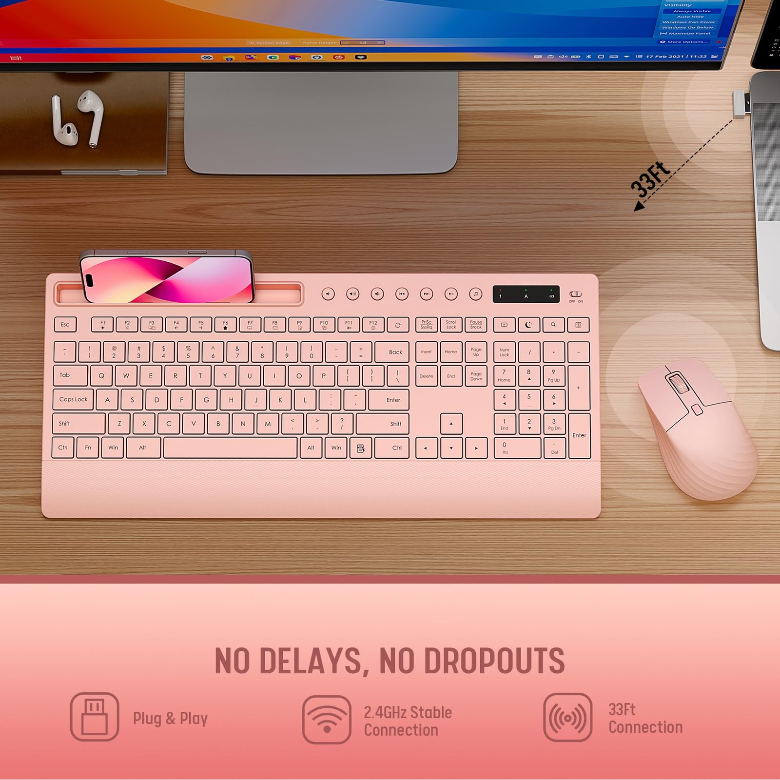 Pink Wireless Keyboard Mouse, 2.4G, Silent, Ergonomic Wrist Rest, Phone Holder