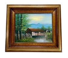 Vintage Oil Painting "Covered Bridge Scene" signed K. Michaelson, Original Frame