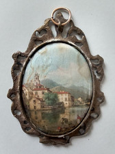 Rare vintage brass oval landscape painting, silkscreened.