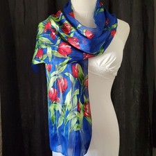 Womens Silk Scarf BLUE W/ RED TULIPS Shadow Striped Floral Rectangle 11" X 60"
