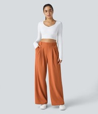 Halara Flex High Waisted Wide Leg Waffle Work Pants Orange Petite Small PS