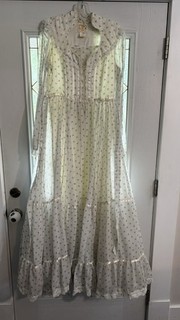 Vintage Gunne Sax Prairie Dress Size 11 White Blue Maxi Lace Up Long Sleeve 1980