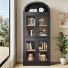 72" Arched Cabinet Pantry, Farmhouse Storage Hutch with Doors, 5-Tier Bookcase