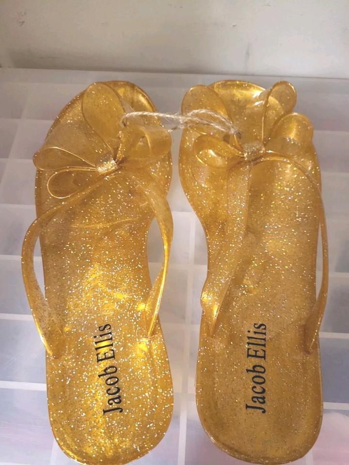 Jacob Ellis Size 6 Bright Gold Glitter Jelley Shoes Flat Beech Vintage