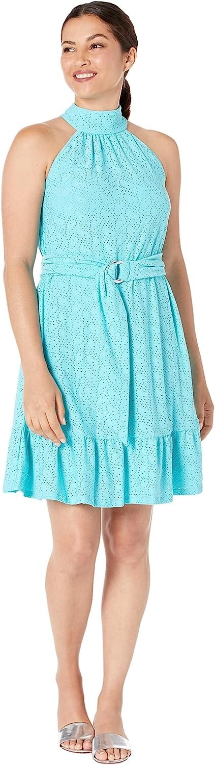 MICHAEL KORS Womens Eyelet Mock-Neck Mini Short Dress Turquoise Blue Size S $140