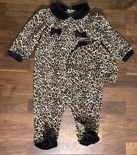 Vtg Little Me 2pc Fleece Leopard Print Footie Pajama Hat Size 6M Velour Romper