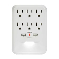 CP 6-Outlet 600 Joule Wall-tap w/ 2 USB-A & Nightlight, CP30005
