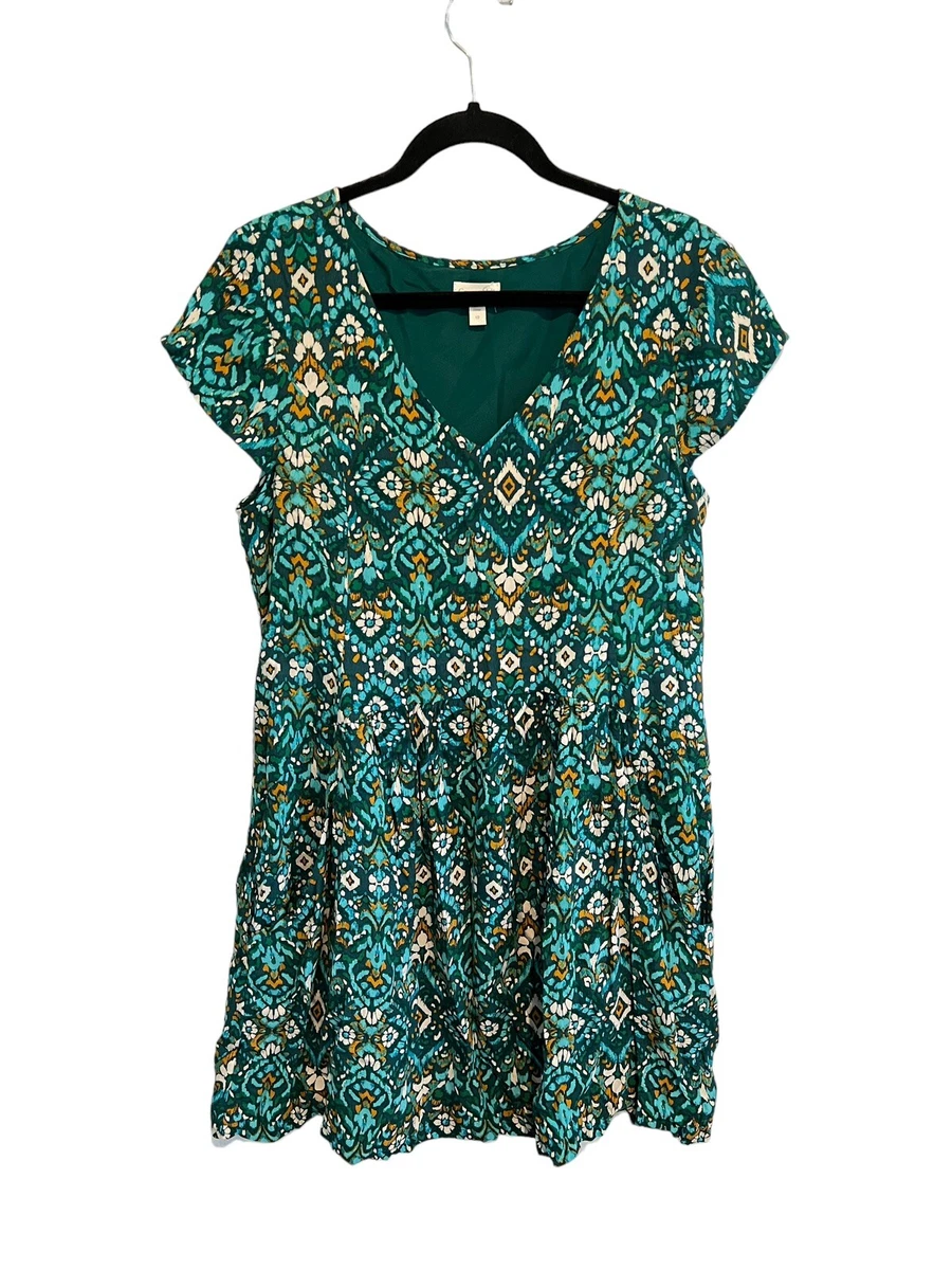 GARNET HILL Womens Dress SUMMER DAY Green Floral Ikat Print Drop Waist Dress 10