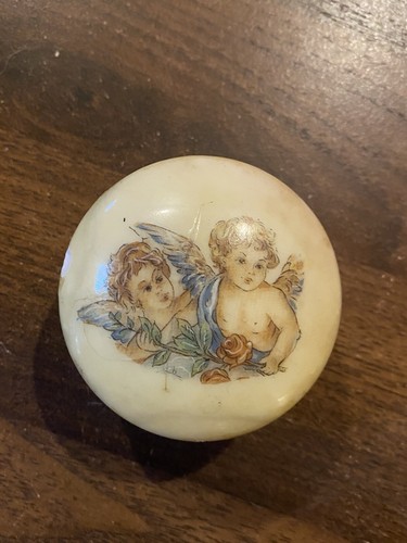 Vintage Genuine Alabaster Trinket Box Hand Carved In Italy 3" Round Cherubs - Picture 2 of 7
