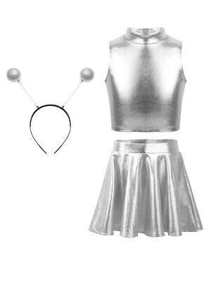 DE iEFiEL Mädchen Alien Kostüm Tanzbekleidung Set Crop Top Rock Set Rave Party