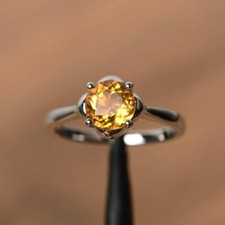 1Ct Lab-Created Yellow Citrine Solitaire Engagement Ring 14K White Gold Plated