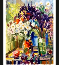 ORIGINAL Oil Painting Floral Oriental Art Japan Vase Flower Painting Peonies Art