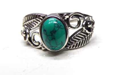 Handgefertigter 925 Sterling Silber Boho gemusterter ovaler Türkis Stein Ring Größe P