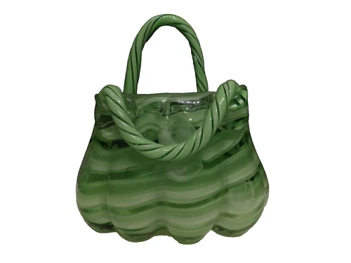 Hand blown Art Glass Purse Murano Style Green Striped Swirl Stripes Vase PERFECT