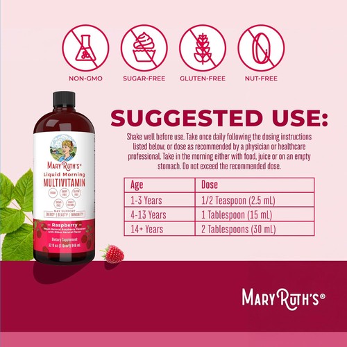 Mary Ruths Liquid Morning Multivitamin 32 FL OZ - Raspberry Flavored EXP 09/2025 - Picture 5 of 8