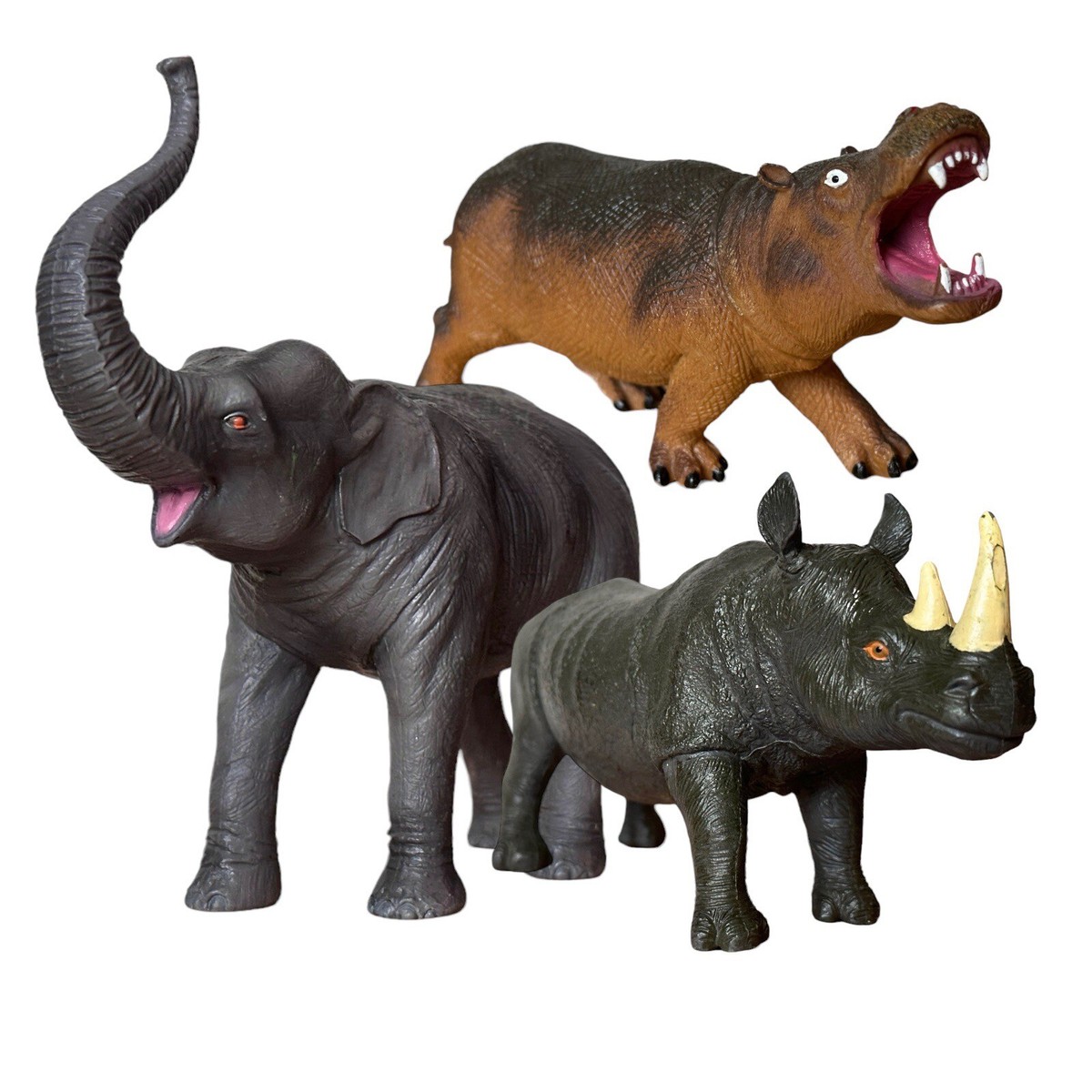 Lot of 3 Wild African Asian Animal Figures: Elephant Hippo