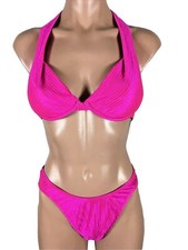 90s 80s Vintage Neon Pink Ribbed Padded Underwire Bikini High Cut Cheeky Medium