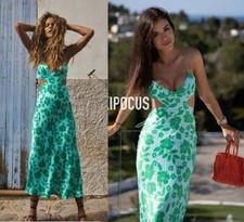 Zara Blue Green Satin Midi Maxi Cut Out V-Neck Dress Size M Medium 12 40 Summer