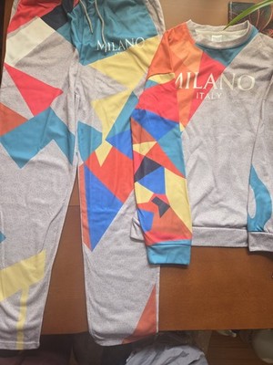 Milano Italy Men's Geometric Multicolor Jogger Tracksuit Set L 100% Polyester