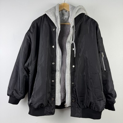 Emory Park Womens S Black Bomber Jacket Gray Hoodie Faux Fur Lined