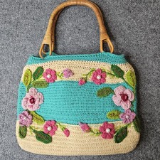 Handmade Crochet Purse Floral Rattan Handles Boho Cottagecore Grandmacore