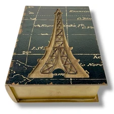 Faux Book Storage Box Paris Eiffel Tower Raised Wire Cutout Old World Design