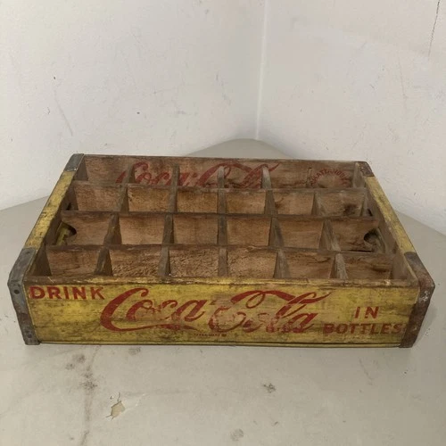 Vintage drink Coca-Cola Yellow Wooden Case Box 24 Bottle Coke Crate 1963 *READ*