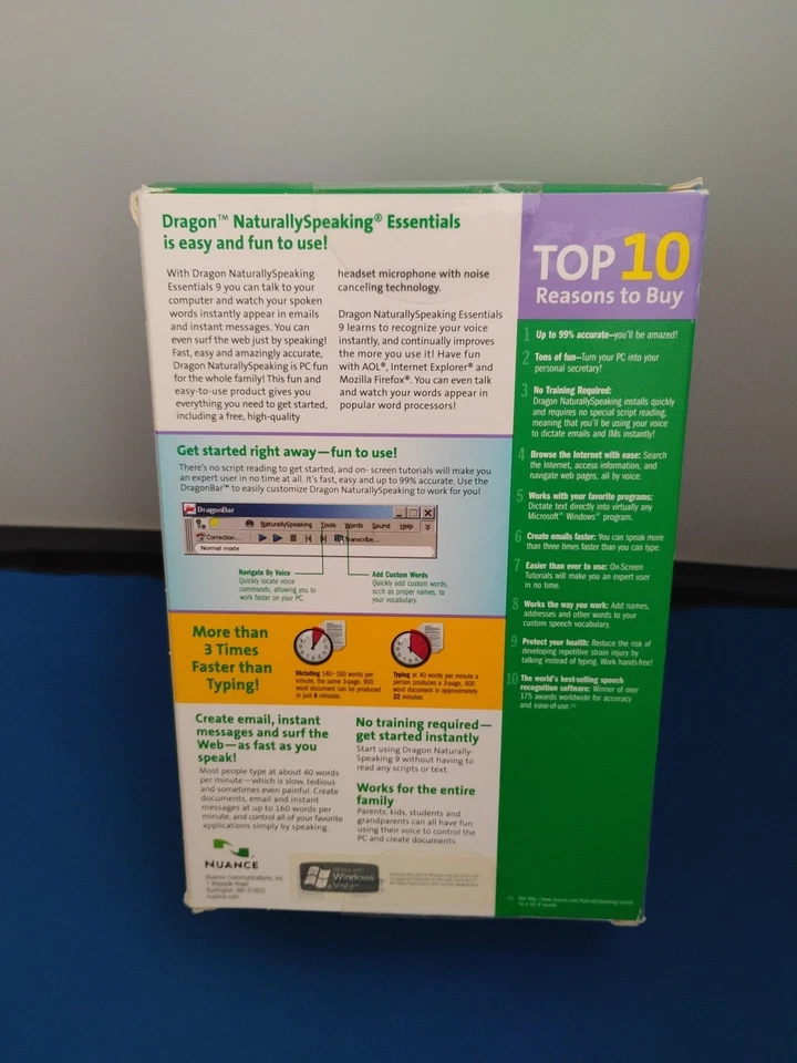 Dragon Naturally Speaking 9 Standard SPEECH RECOGNITION SOFTWARE NEW NEVER OPEN - Image 2 of 2