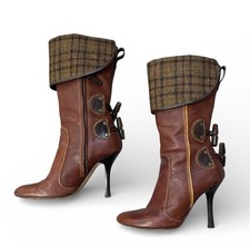 DSQUARED2 Brown Leather Plaid Fold Over Cuff Heeled Round Toe Boots 36.5