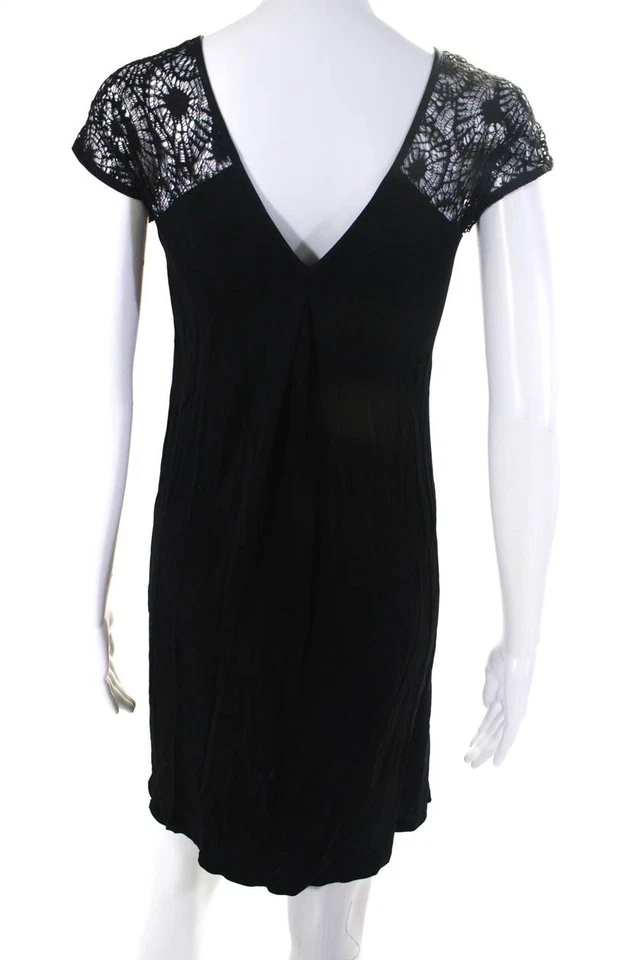 Michael Stars Women Lace Cap Sleeve V Neck Matte Jersey Shift Dress Black Size 0 - Image 3 of 4