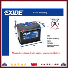 Car Battery EB621 Exide 078 540A 62Ah 4Yr Warranty 242x175x190 Excell