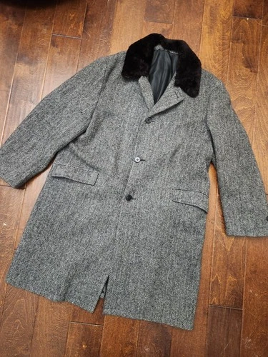 Harris Tweed Overcoat Mens XL XL Gray Black Long Vintage 70s Coat Button Wool - product listing photo