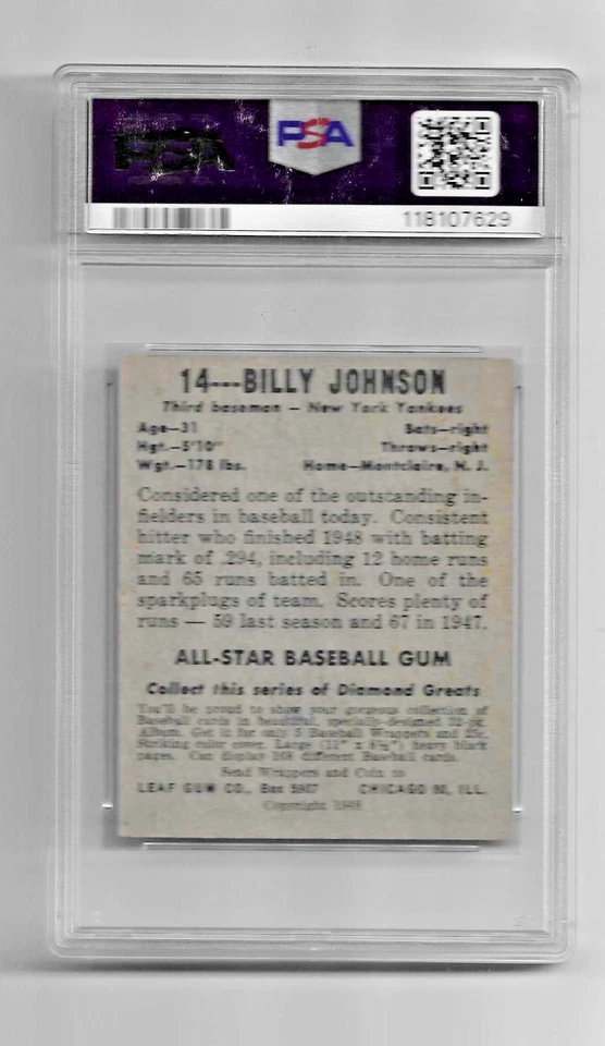 1948 LEAF BASEBALL CARD #14 BILLY JOHNSON RC PSA 6 EX-MT NQ MLB NEW YORK YANKEES - Image 4 of 4