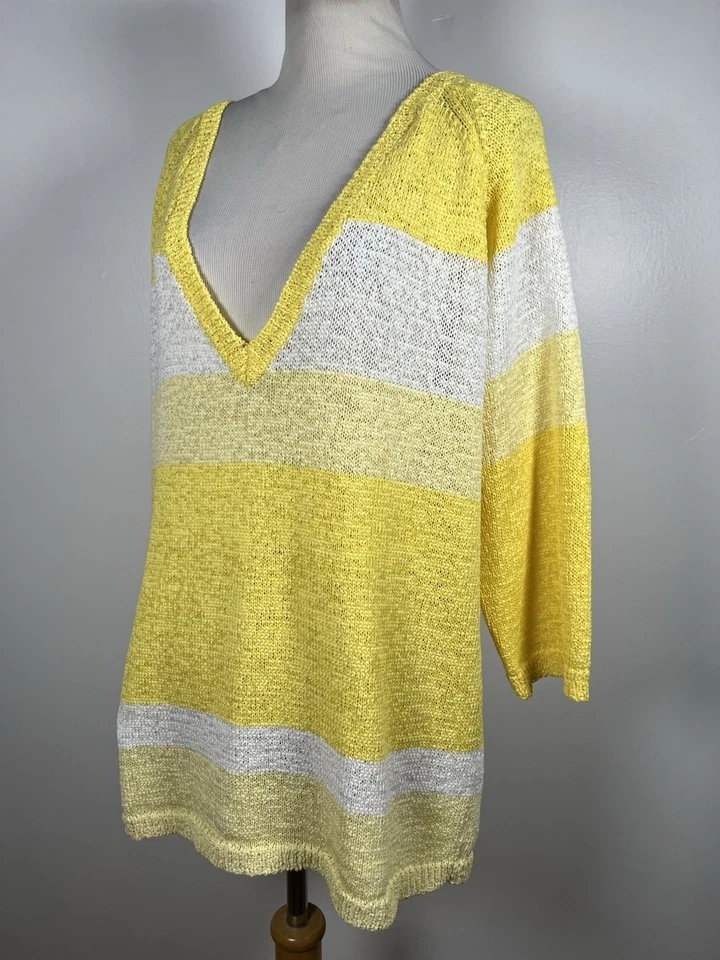 Suéter Coldwater Creek XL amarelo listra branca gola V manga 3/4 túnica feminina W2 - Imagem 4 de 4