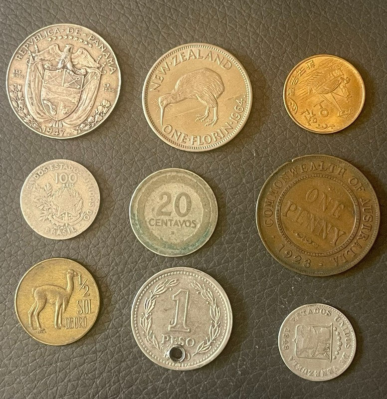 9 COINS New Zealand Australia Panama Argentina + More 2 Brazil Bank Notes Older