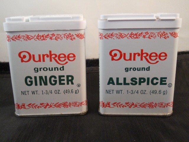 2 VINTAGE DURKEE SPICE  TINS - PARTIALLY FULL - GINGER & ALLSPICE