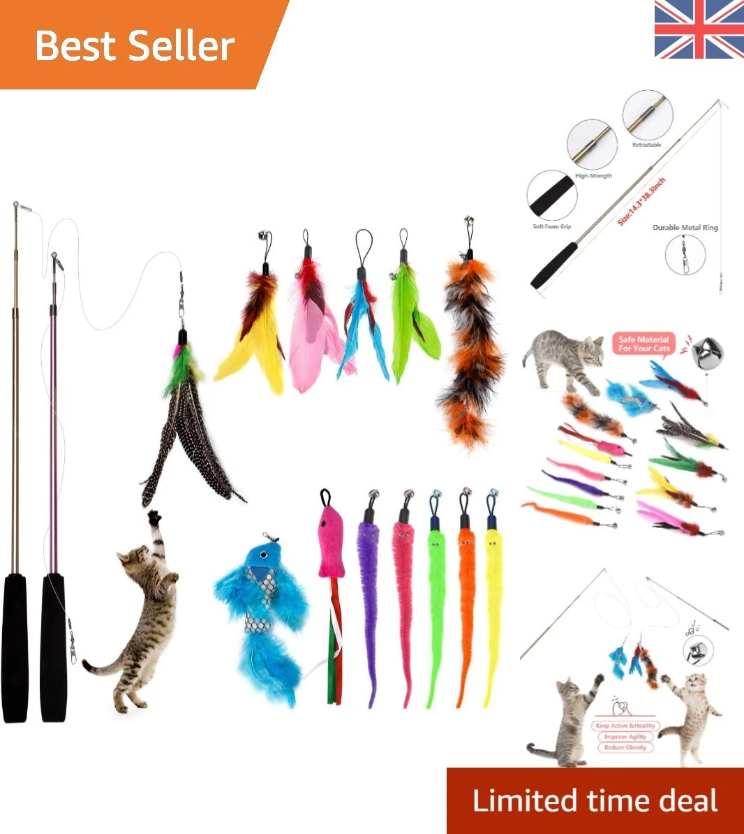 Retractable Feather Wand Cat Toy Kit - 15 Pieces for Indoor Play and Exercise