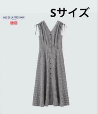 UNIQLO Cotton Gingham Check Sleeveless V-Neck Dress Black S Near Mint