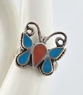 Vintage Sterling Silver Butterfly Ring Turquoise Coral Inlay Size 7.25 925
