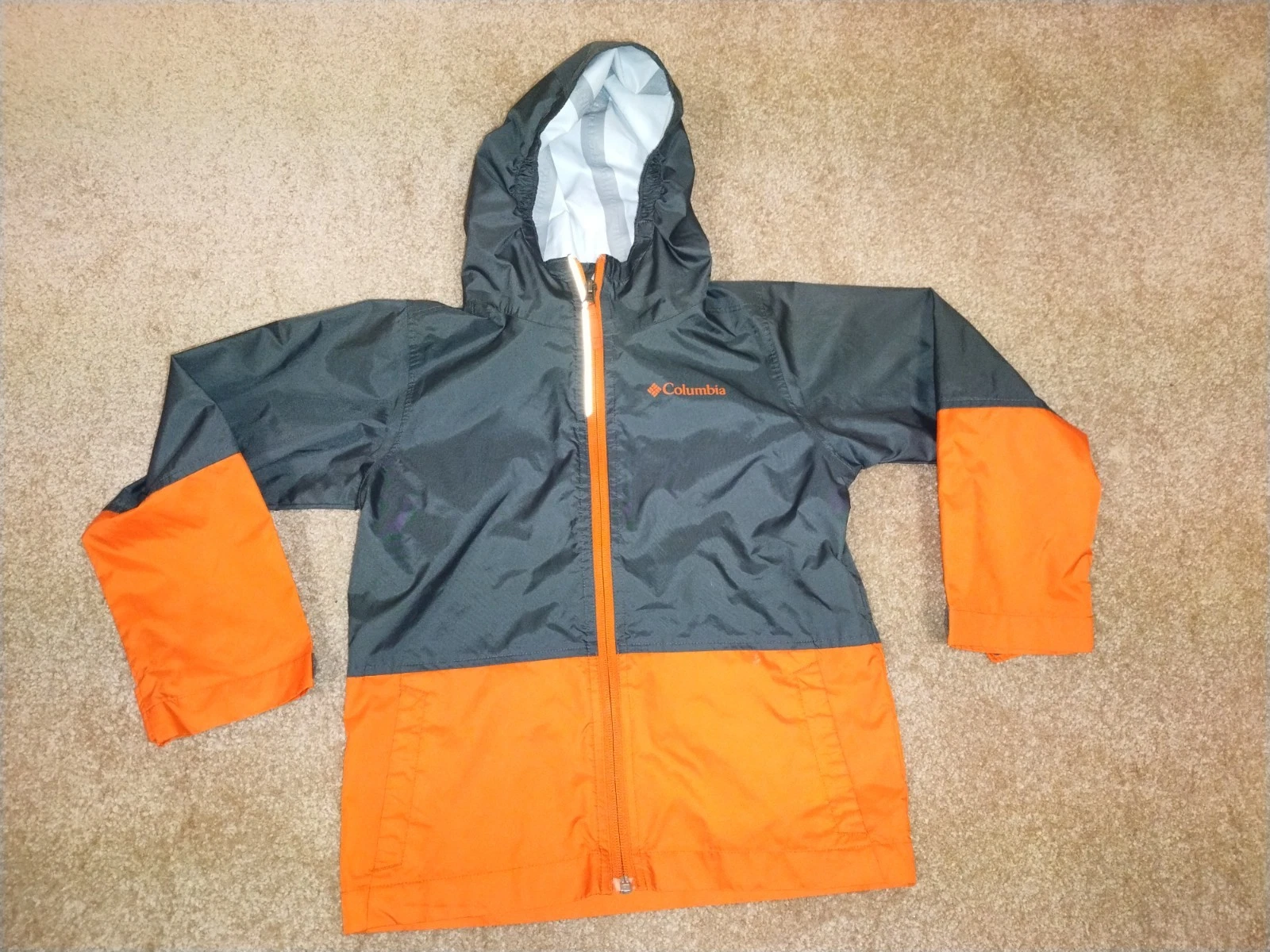 Columbia Kid XS 6/7 Orange Grey 100% Nylon Windbreaker Light Spring Rain Jacket